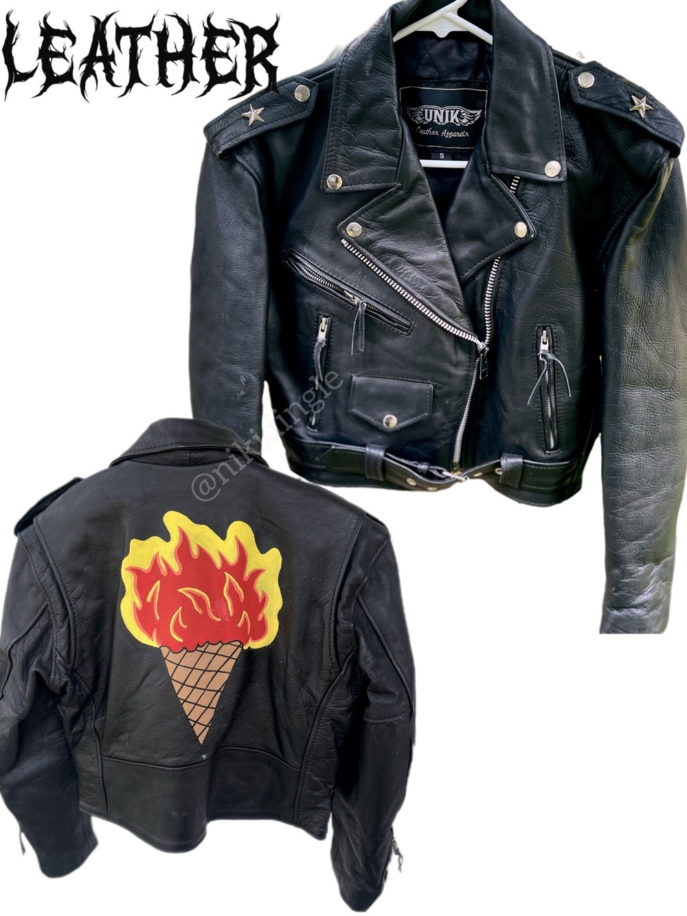 Vintage Custom painted Cropped Moto Biker Leather Jacket Motorcycle XS S